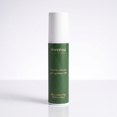 Single Sorenna Rejuvenating Moisturiser pump bottle with white cap, front view, on a light background