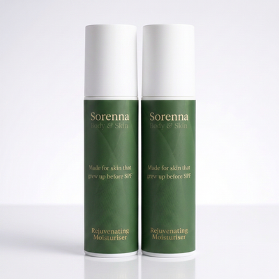 Two Sorenna Rejuvenating Moisturiser pump bottles standing side by side on a light background