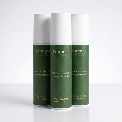 Three Sorenna Rejuvenating Moisturiser pump bottles standing side by side, close-up view