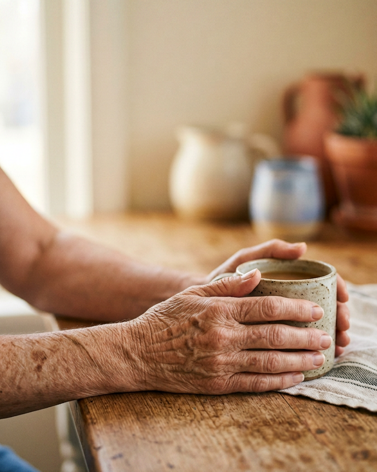 A woman's hands resting on a table in natural afternoon light