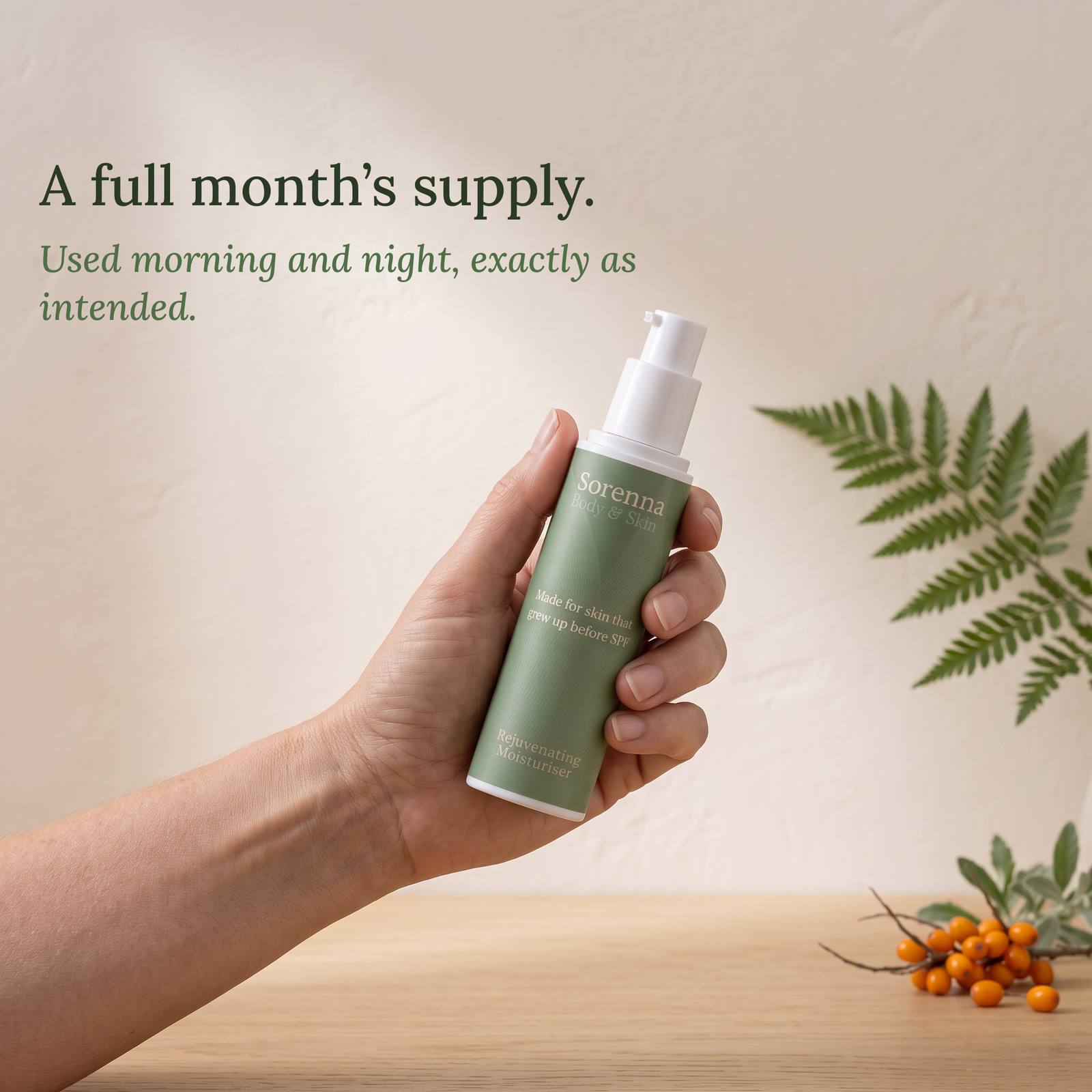 Two Sorenna Rejuvenating Moisturiser pump bottles standing side by side on a light background