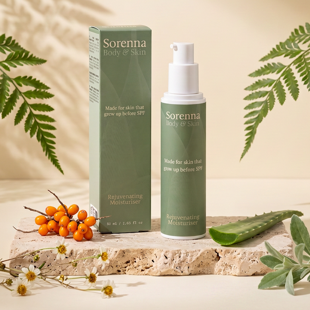 Sorenna Rejuvenating Moisturiser carton and pump bottle on a stone slab, surrounded by sea buckthorn berries, a sliced aloe vera leaf, a sage sprig and small white flowers