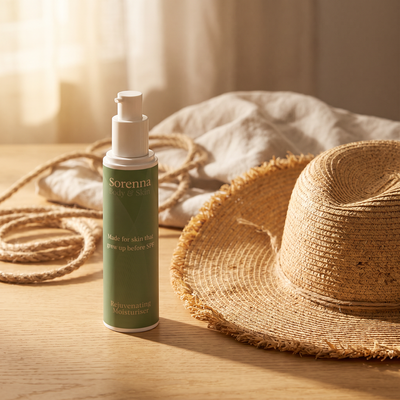 Sorenna Rejuvenating Moisturiser pump bottle on a wooden table beside a woven straw sun hat and coiled rope, with sunlit curtains behind