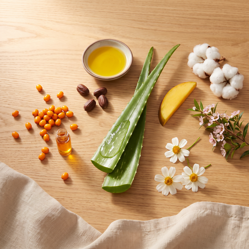 Flat-lay of raw ingredients on a wooden table: sea buckthorn berries, jojoba seeds, a sliced aloe vera leaf, a mango slice, cotton bolls, small glass oil vials and small white and pink flowers, with a linen cloth