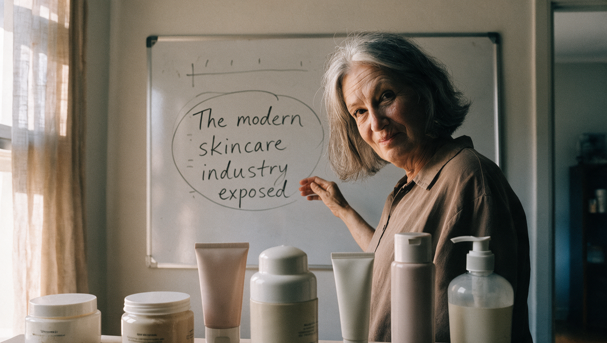 Linda Baker standing beside a whiteboard with skincare products lined up on the table in front of her