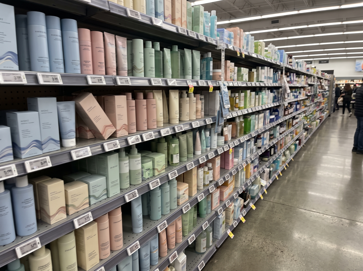 Shop shelves filled with cosmetic boxes and bottles