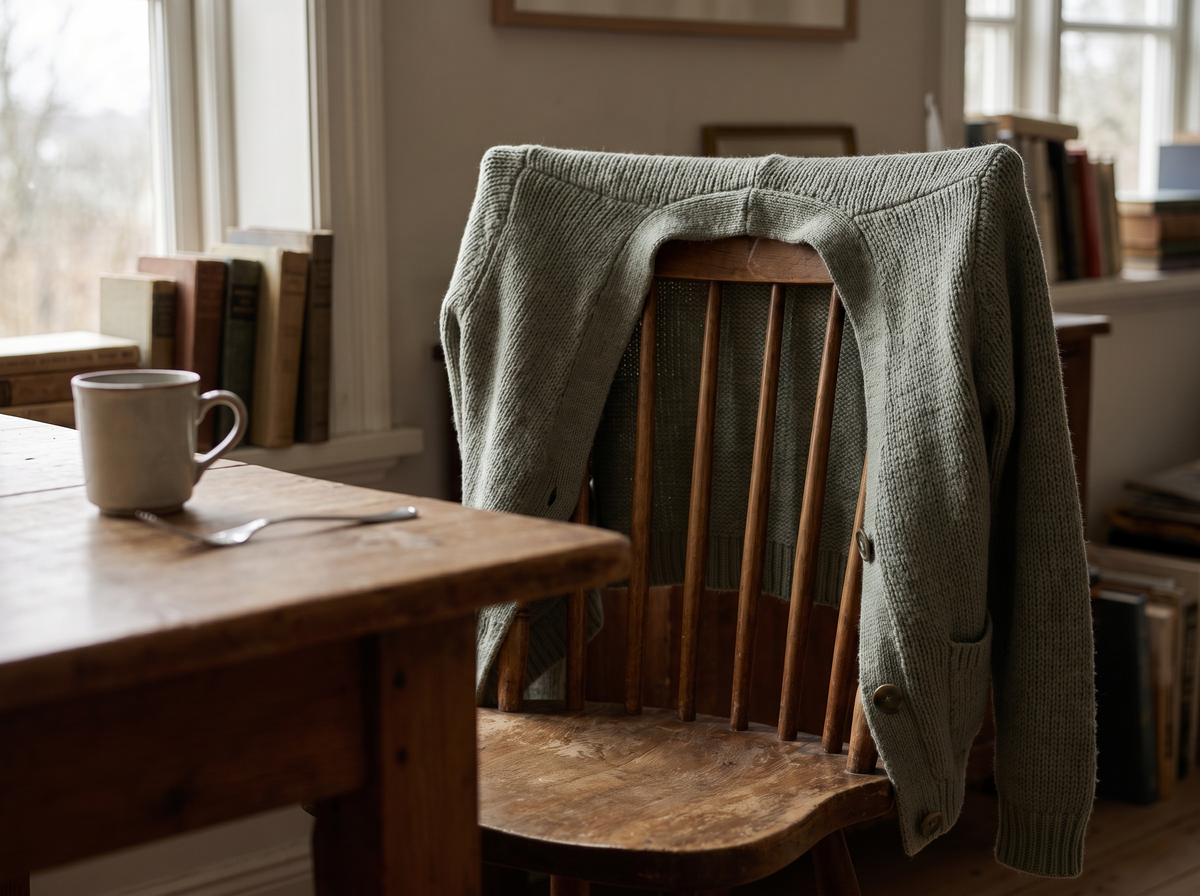 A knitted cardigan draped over the back of a wooden dining chair