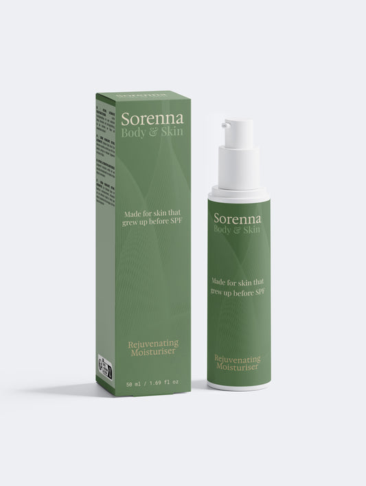 Sorenna Rejuvenating Moisturiser carton box and pump bottle standing side by side on a light grey background