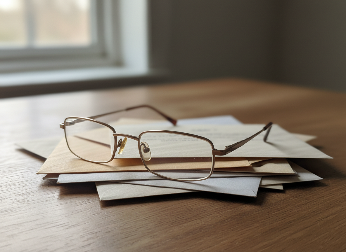 A bank statement open on a kitchen table with one line circled in biro, reading glasses beside it